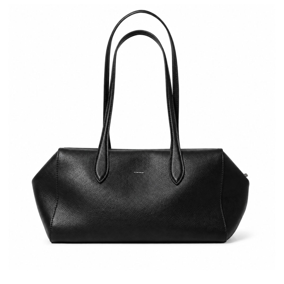 A black pebbled leather handbag with dual top handles, photographed against a clean white background.