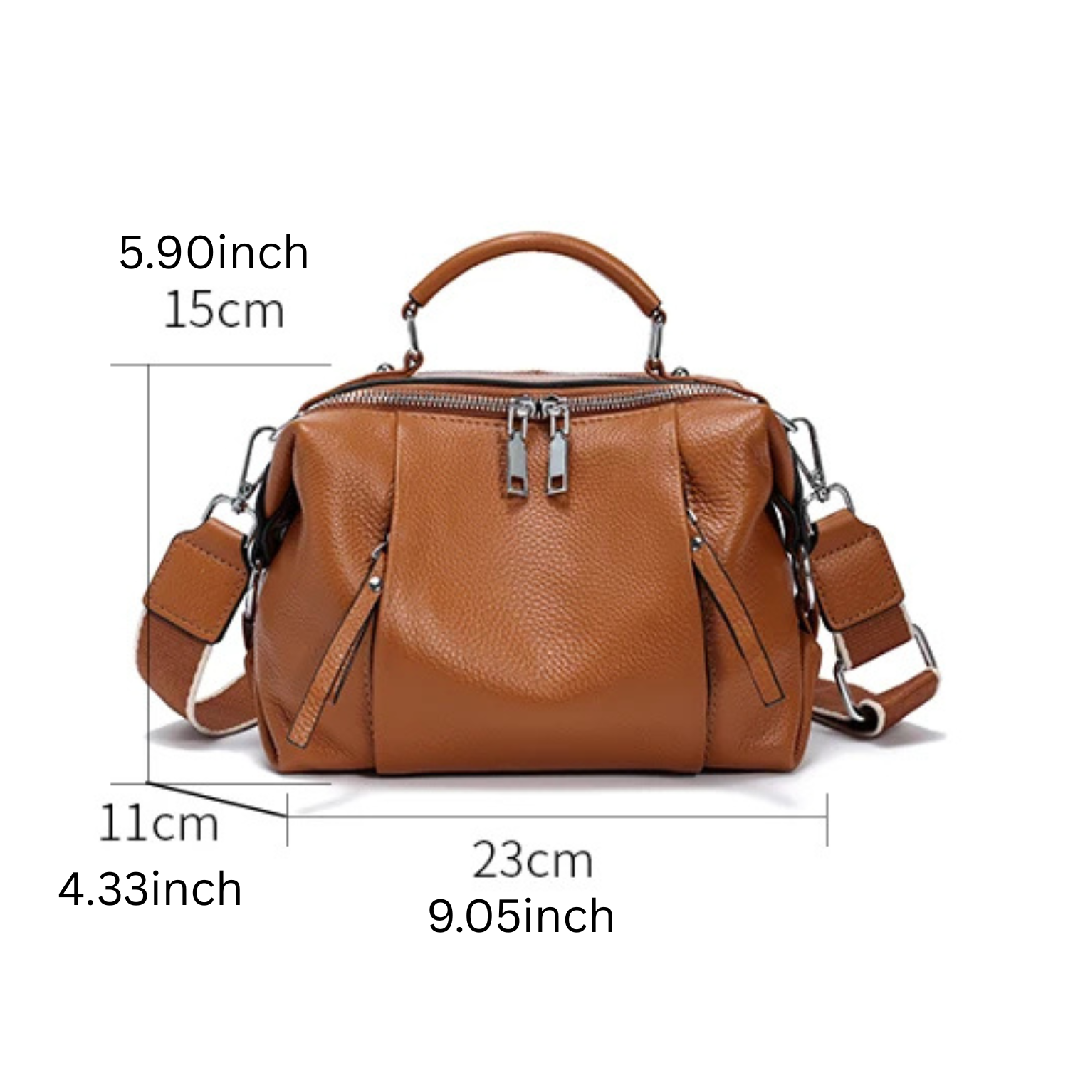 Brown leather handbag with dimensions labeled on a white background