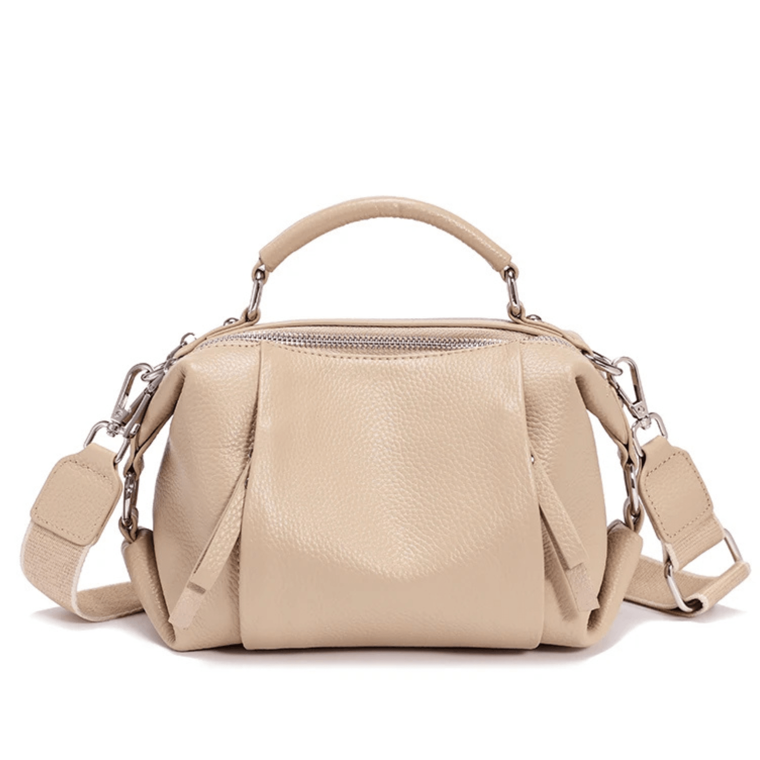 Beige handbag with a shoulder strap on a white background