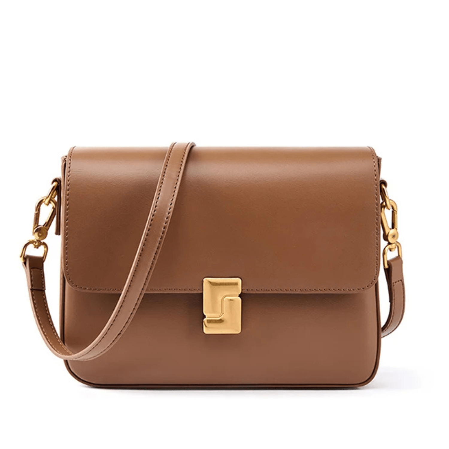 Brown leather handbag with gold accents on a white background