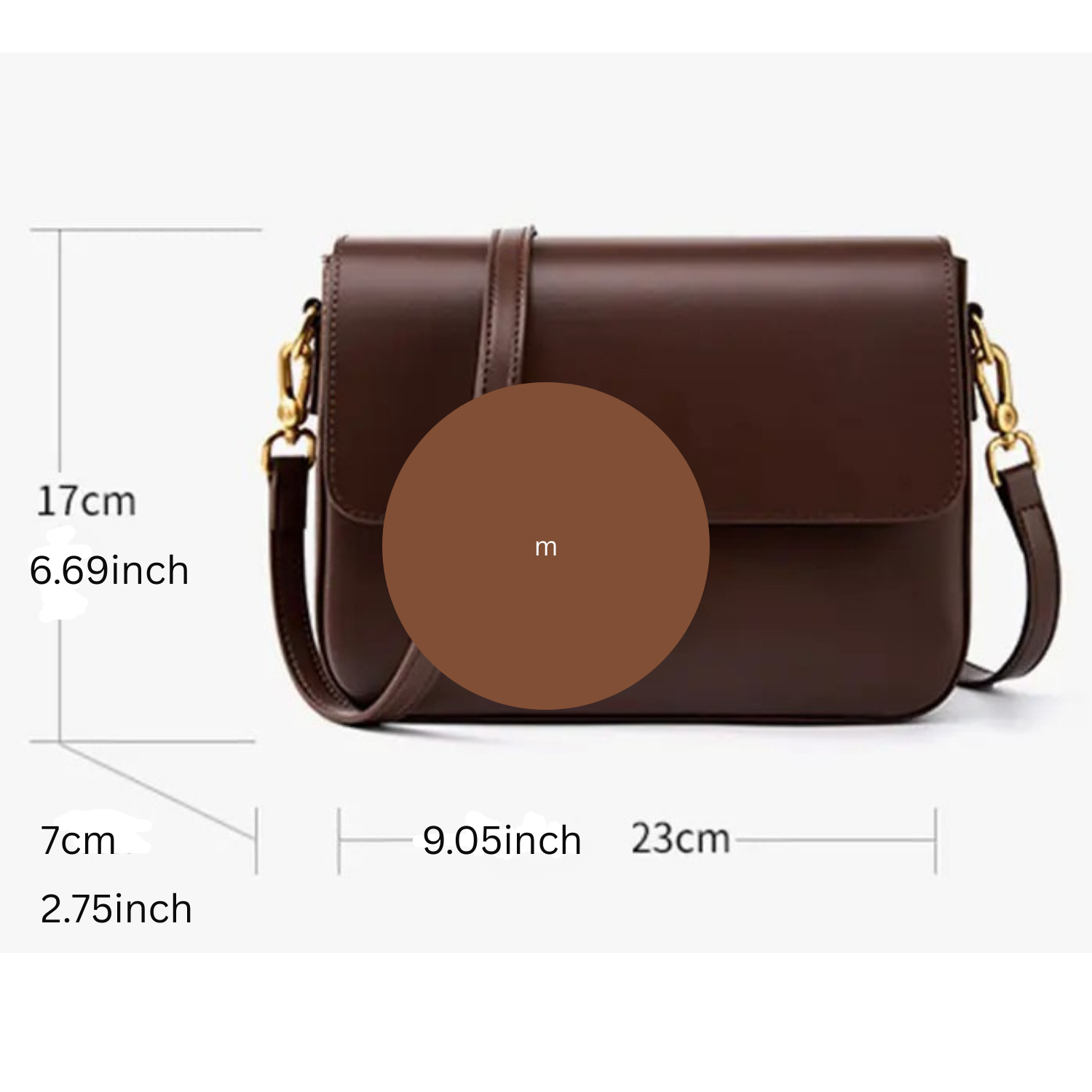 Brown leather handbag with measurements on a white background