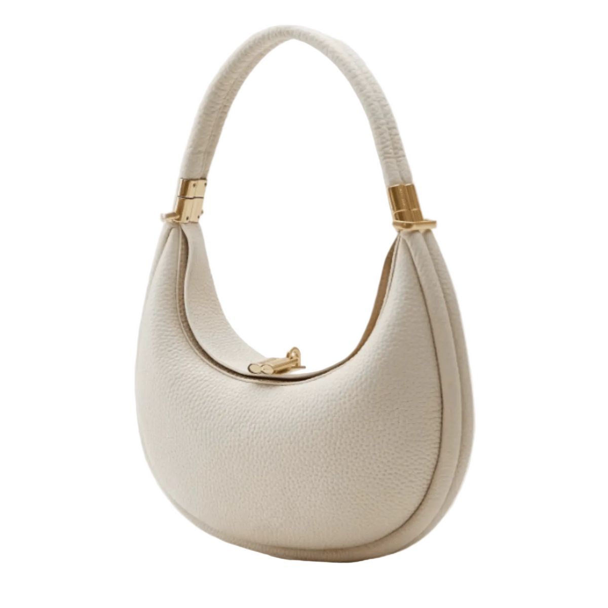 An off-white pebbled leather crescent-shaped shoulder bag with gold-tone hardware, shown on a clean white background.