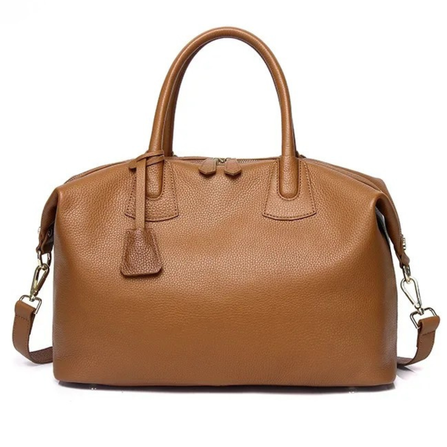 Brown leather handbag with a shoulder strap on a white background