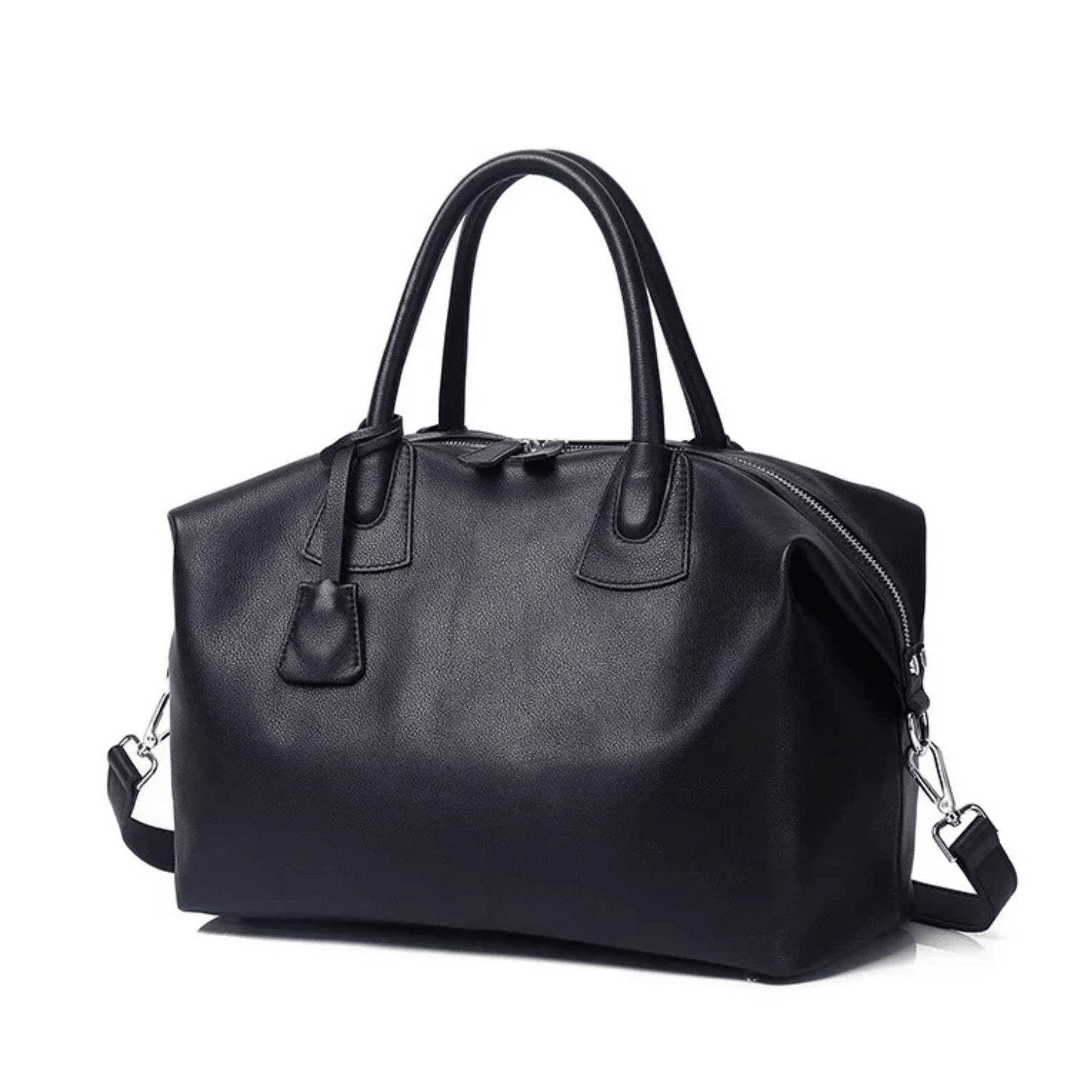 Black handbag with gold accents on a white background