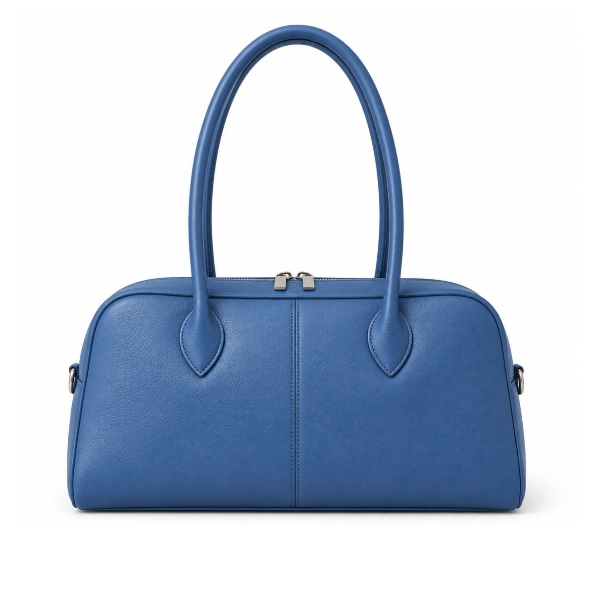 A medium blue textured leather handbag with double top handles and silver-tone hardware, shown against a plain white background.