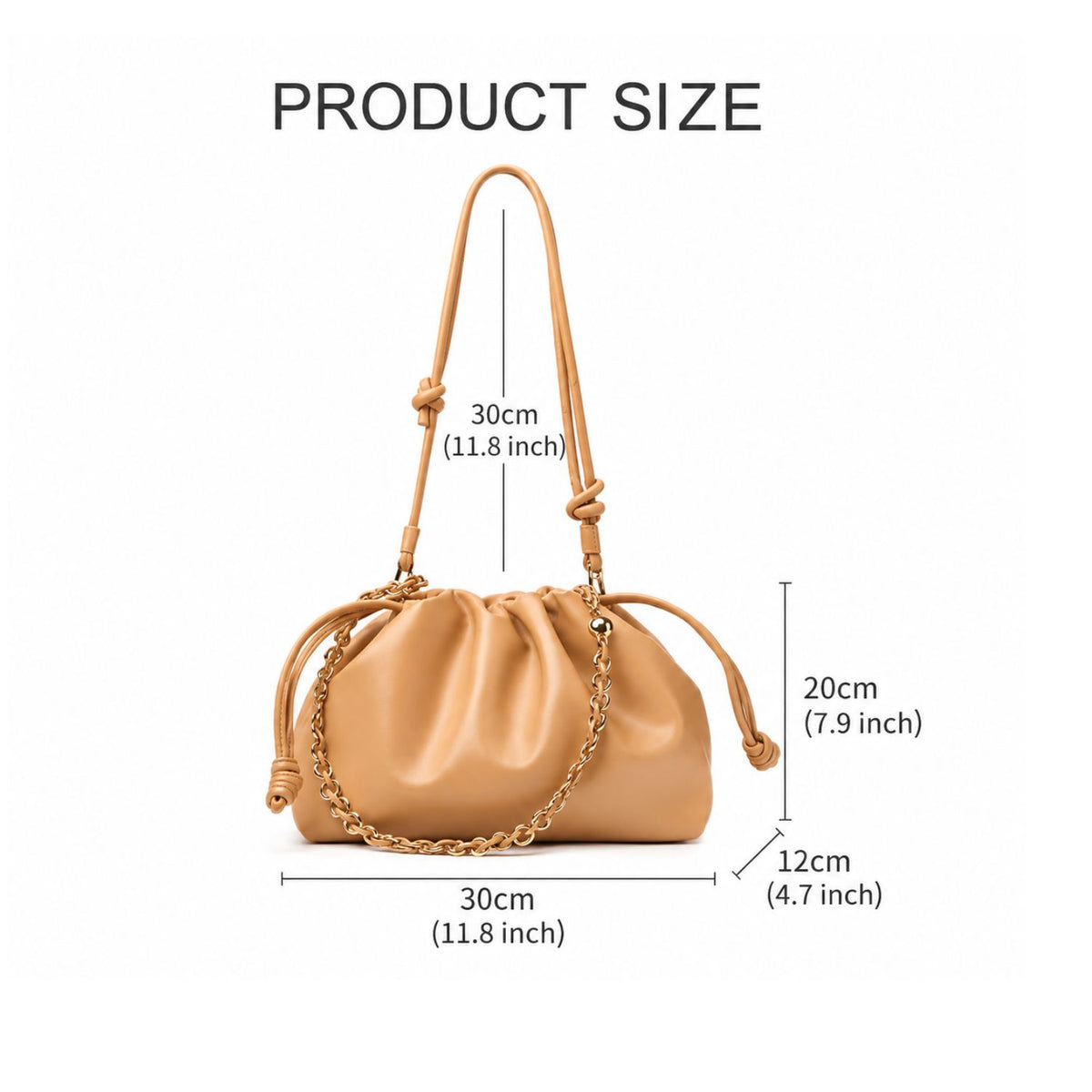 A tan drawstring shoulder bag with a gold chain strap, shown with dimension labels indicating 30cm width, 30cm height, and 12cm depth on a white background.