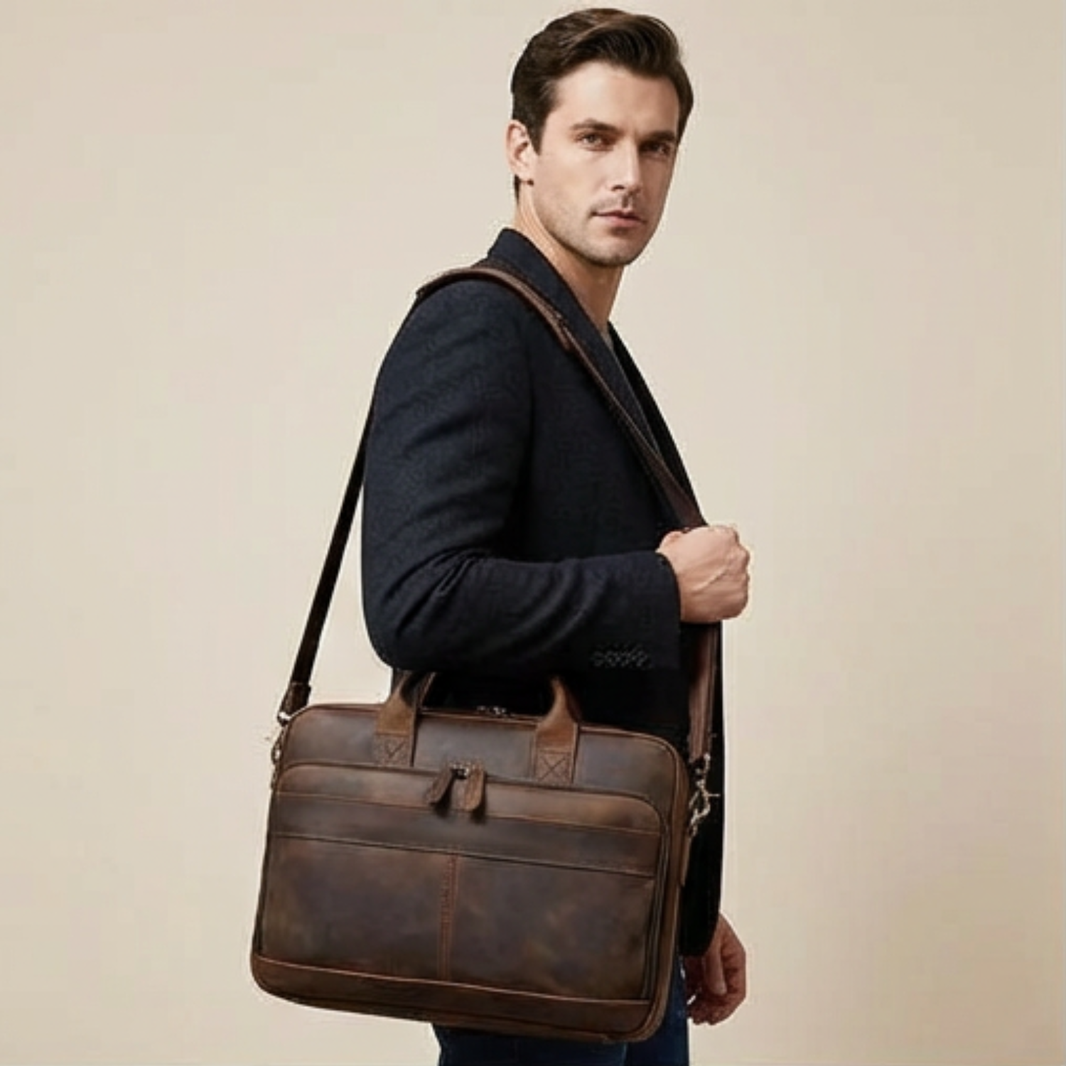 Man holding a brown leather briefcase against a beige background