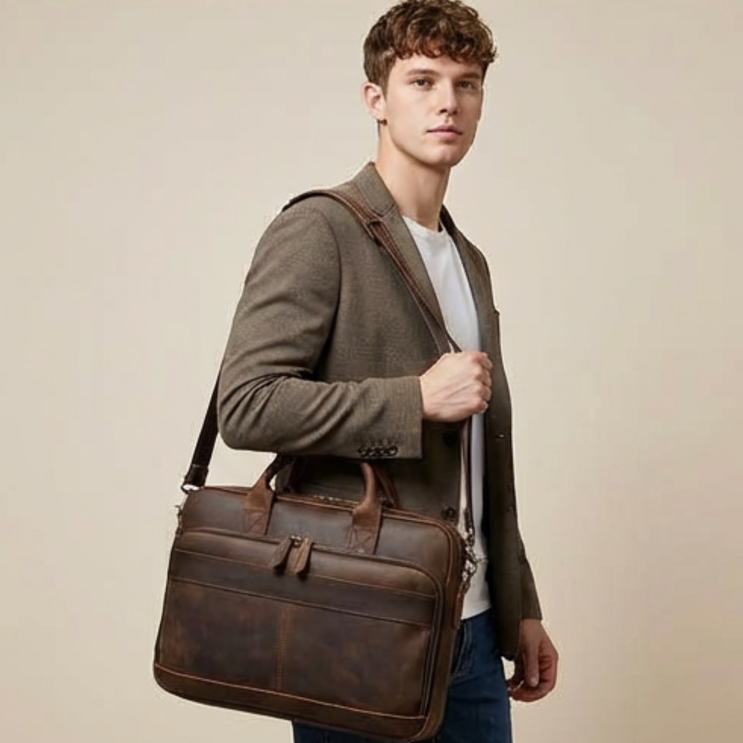 Man holding a brown leather briefcase against a beige background