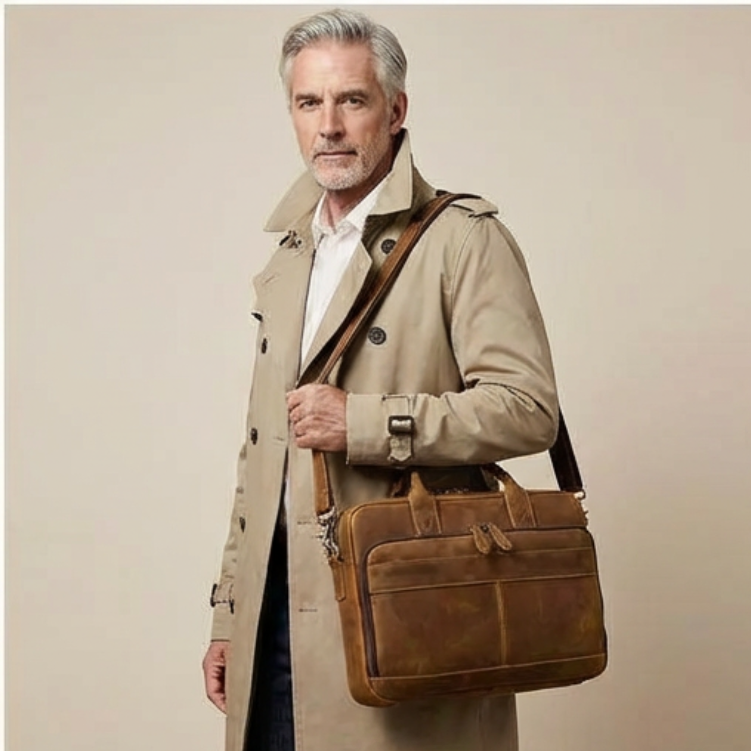 Man wearing a beige trench coat holding a brown leather bag against a plain background