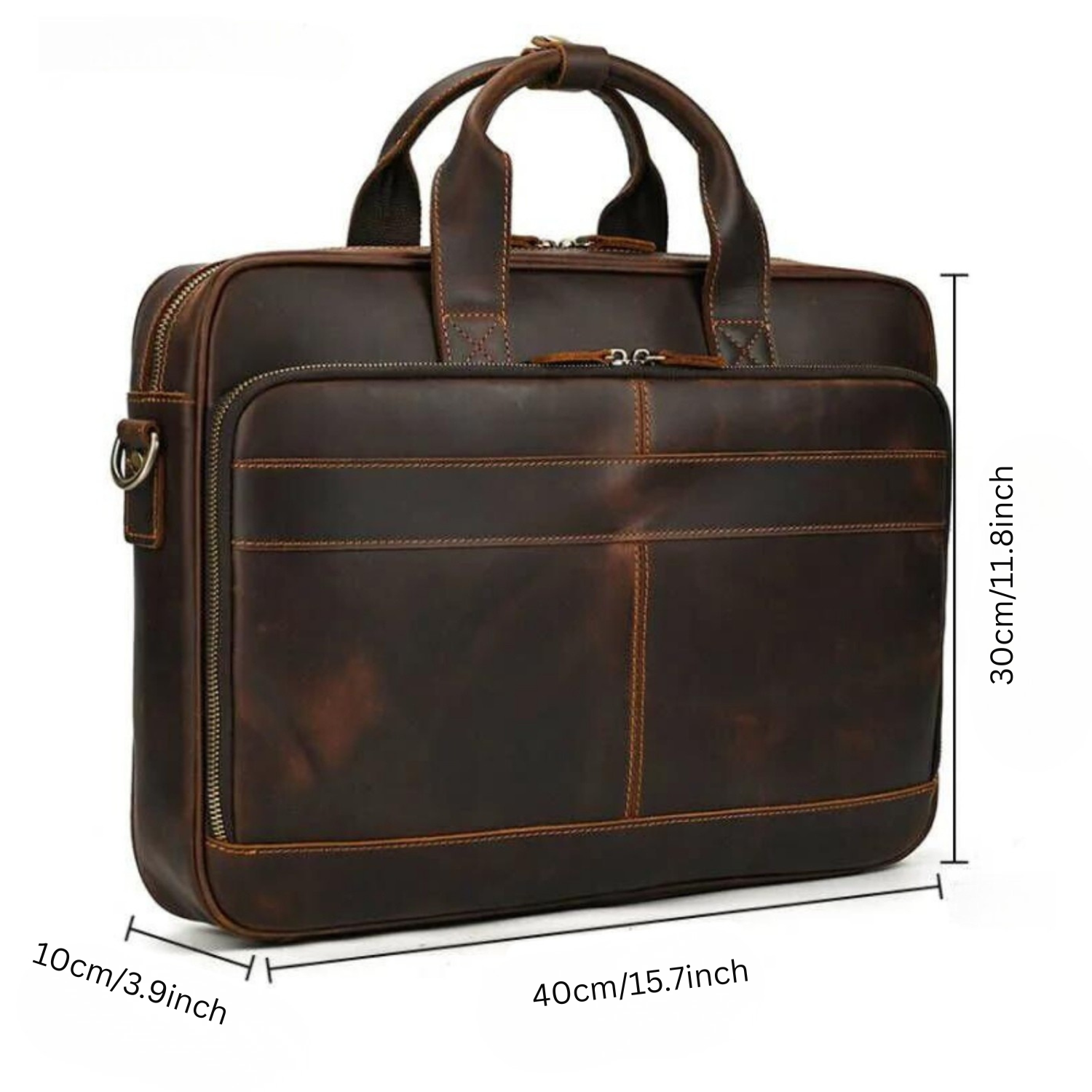 Brown leather briefcase with dimensions indicated on a white background