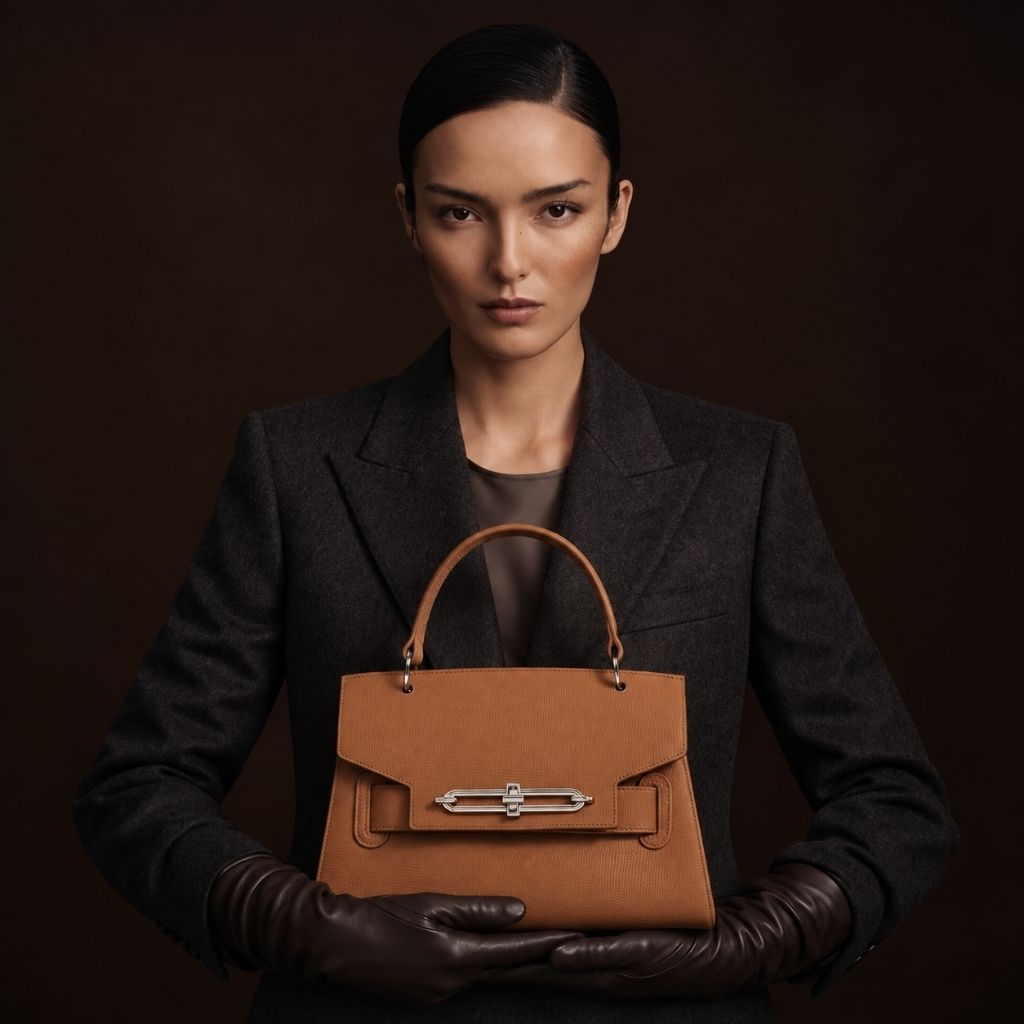 Elegant woman in a tailored black blazer and leather gloves holding a structured cognac brown leather handbag with silver hardware against a dark brown background.