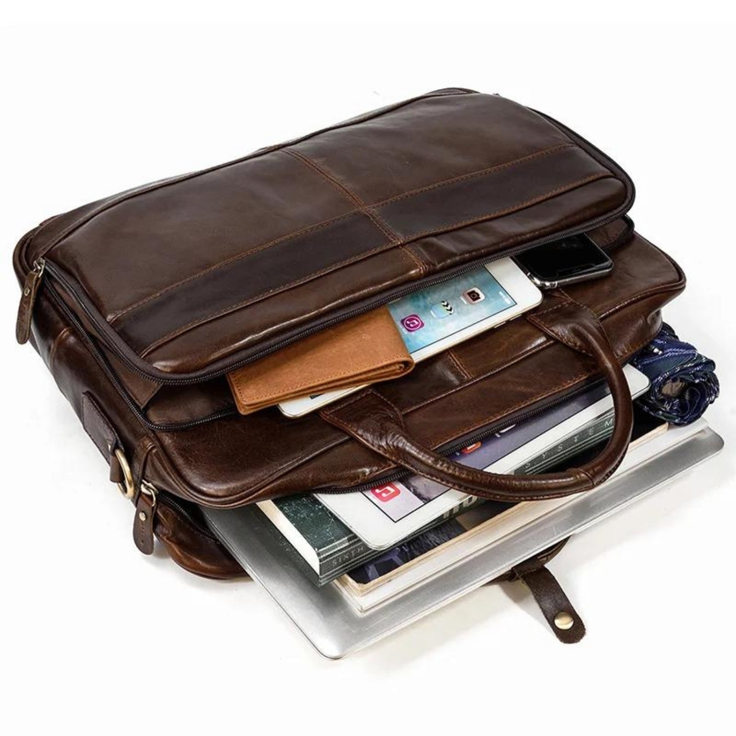 Classic brown leather laptop briefcase with zip closure, top handles and shoulder strap, shown open with laptop, tablet, wallet and documents neatly organized inside