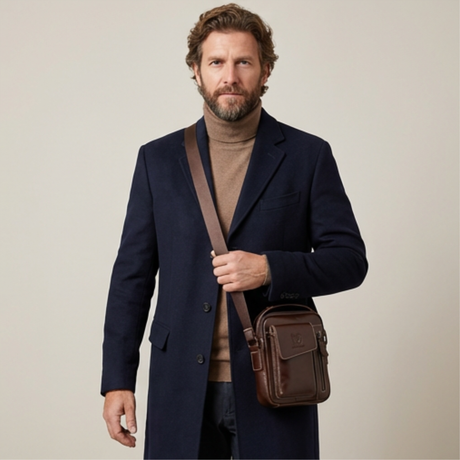 Man wearing a navy coat holding a brown leather bag against a beige background