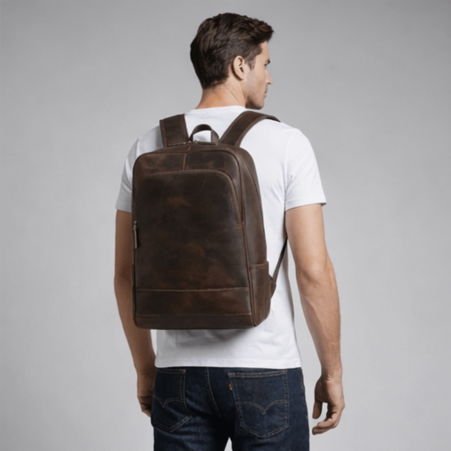 Man wearing a brown leather backpack on a gray background