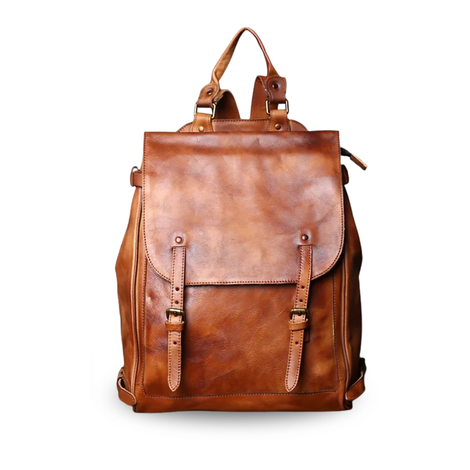 Brown leather backpack on a white background