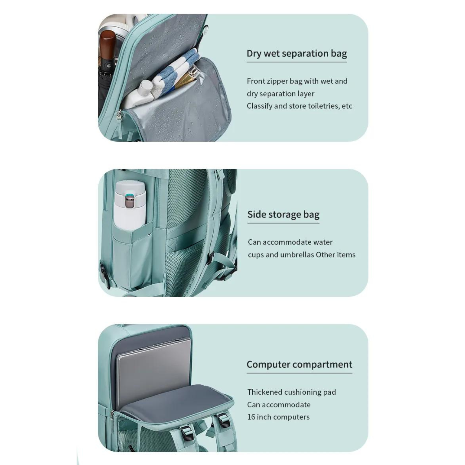 Schicker blaugrüner Laptop-Rucksack mit separatem Schuhfach