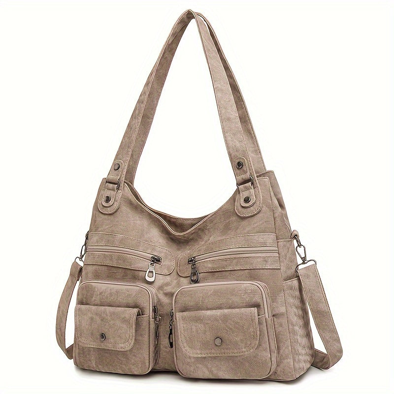 1pc Vintage Style Women's Shoulder Bag with Dual Main Compartments, Faux Leather, Removable Strap, Zip Closure, Polyester Lining, Solid Pattern, for Various Occasions - Available in Black, Beige, Khaki, Grey, Blue