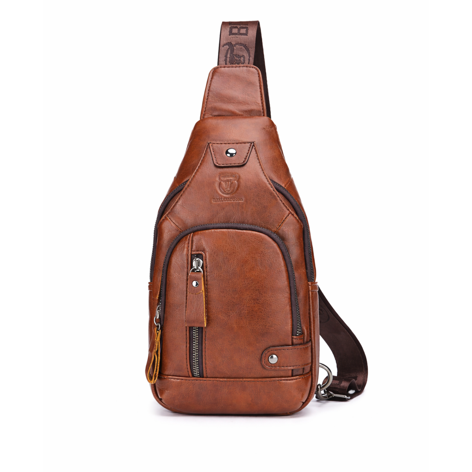 men brown shoulder bag on a white background
