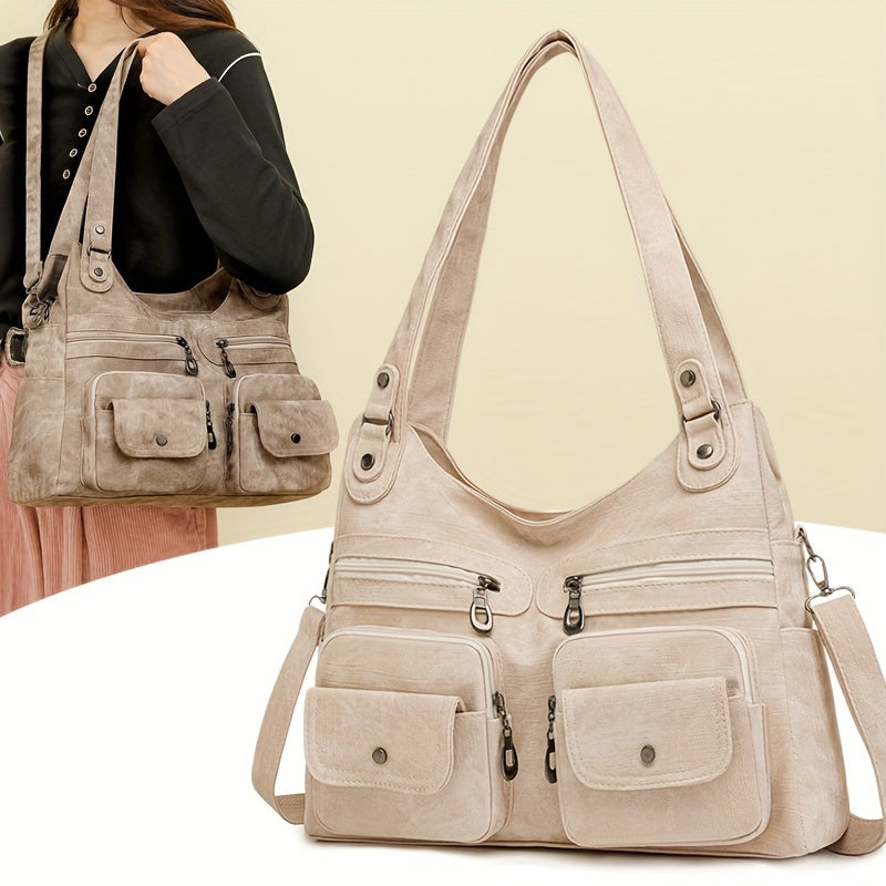 1pc Vintage Style Women's Shoulder Bag with Dual Main Compartments, Faux Leather, Removable Strap, Zip Closure, Polyester Lining, Solid Pattern, for Various Occasions - Available in Black, Beige, Khaki, Grey, Blue