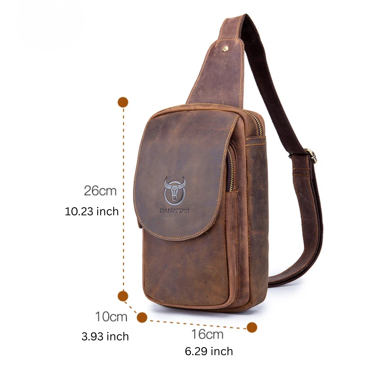 brow leather crossbody bag measurement on a white background