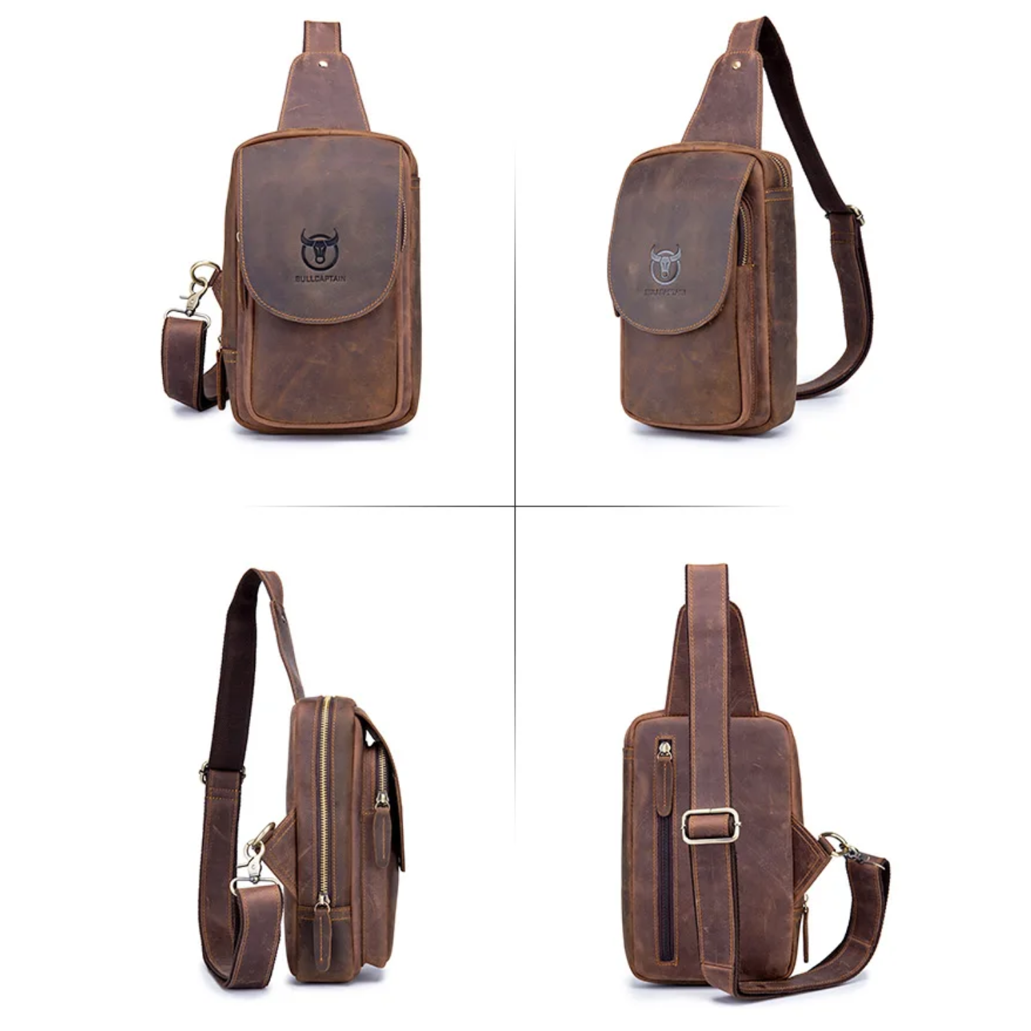 brown leather crossbody bag in 4 diffrent positions