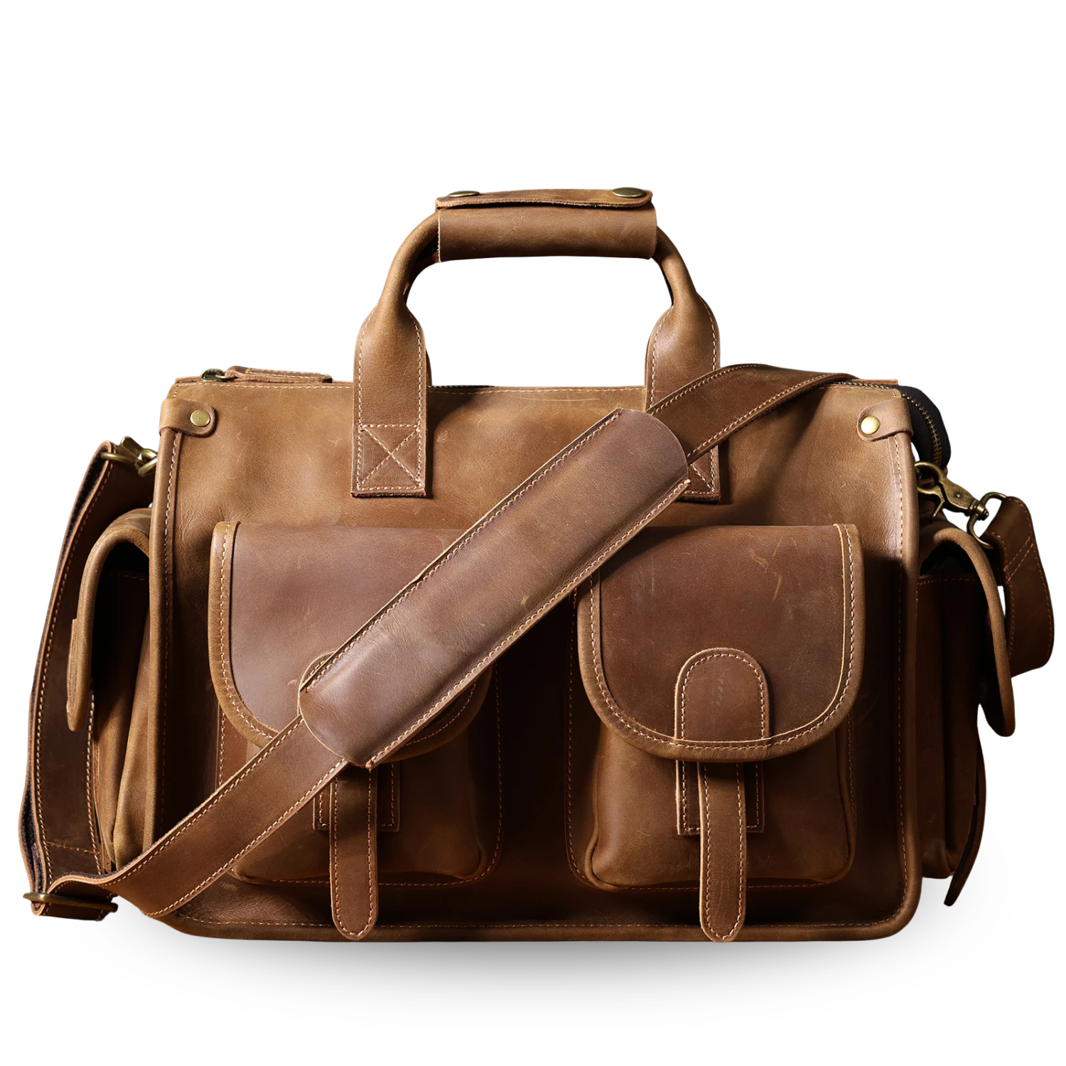 brown leather briefcase ona white background