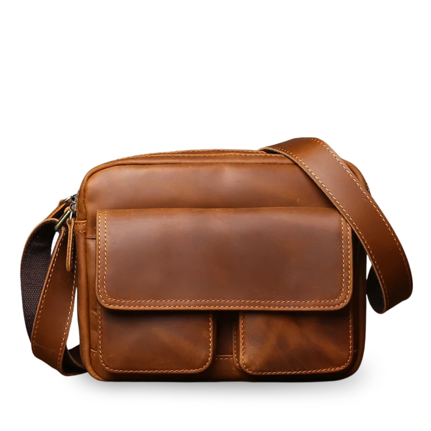 Brown leather shoulder bag on a white background