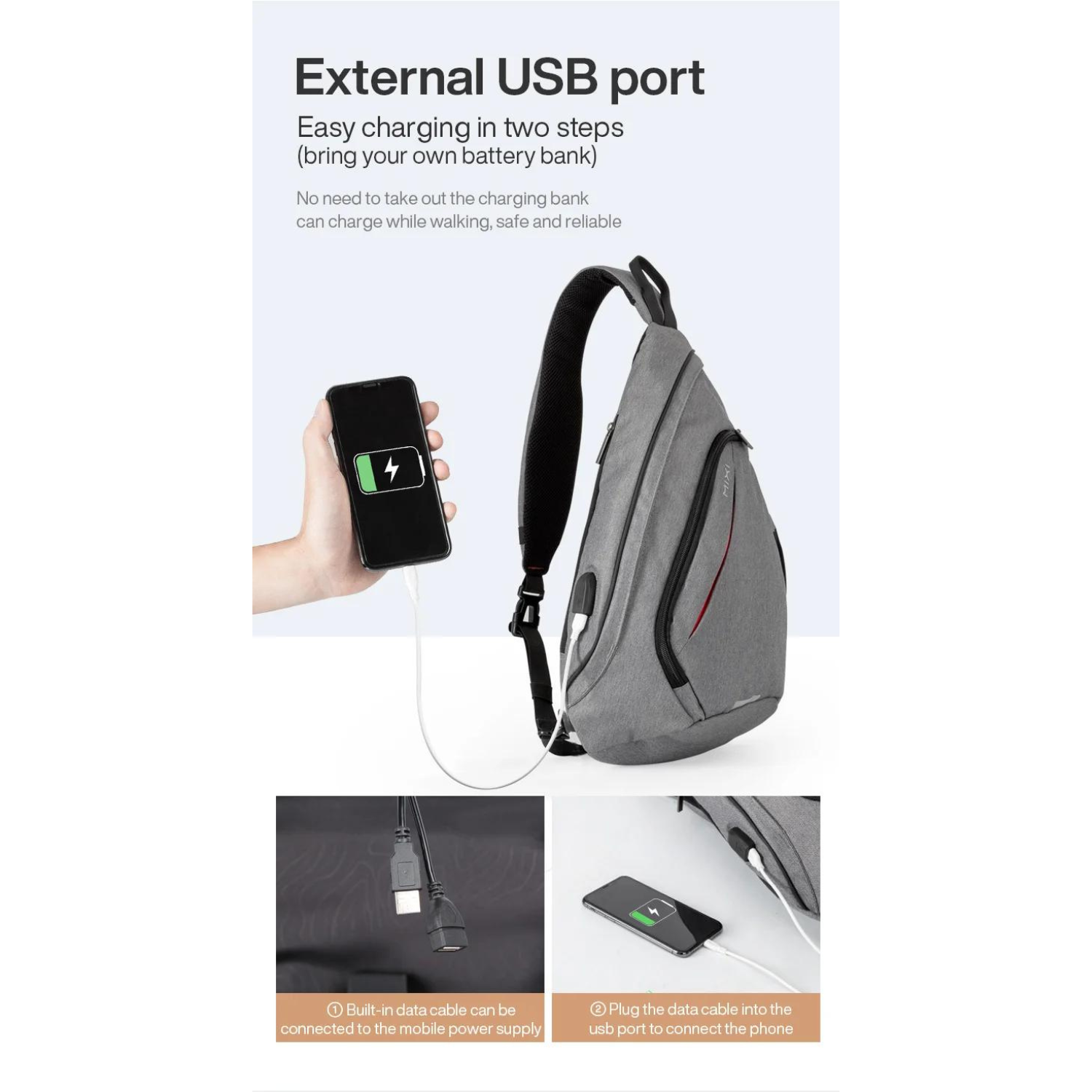 Technisch versierter Sling-Rucksack mit USB-Anschluss