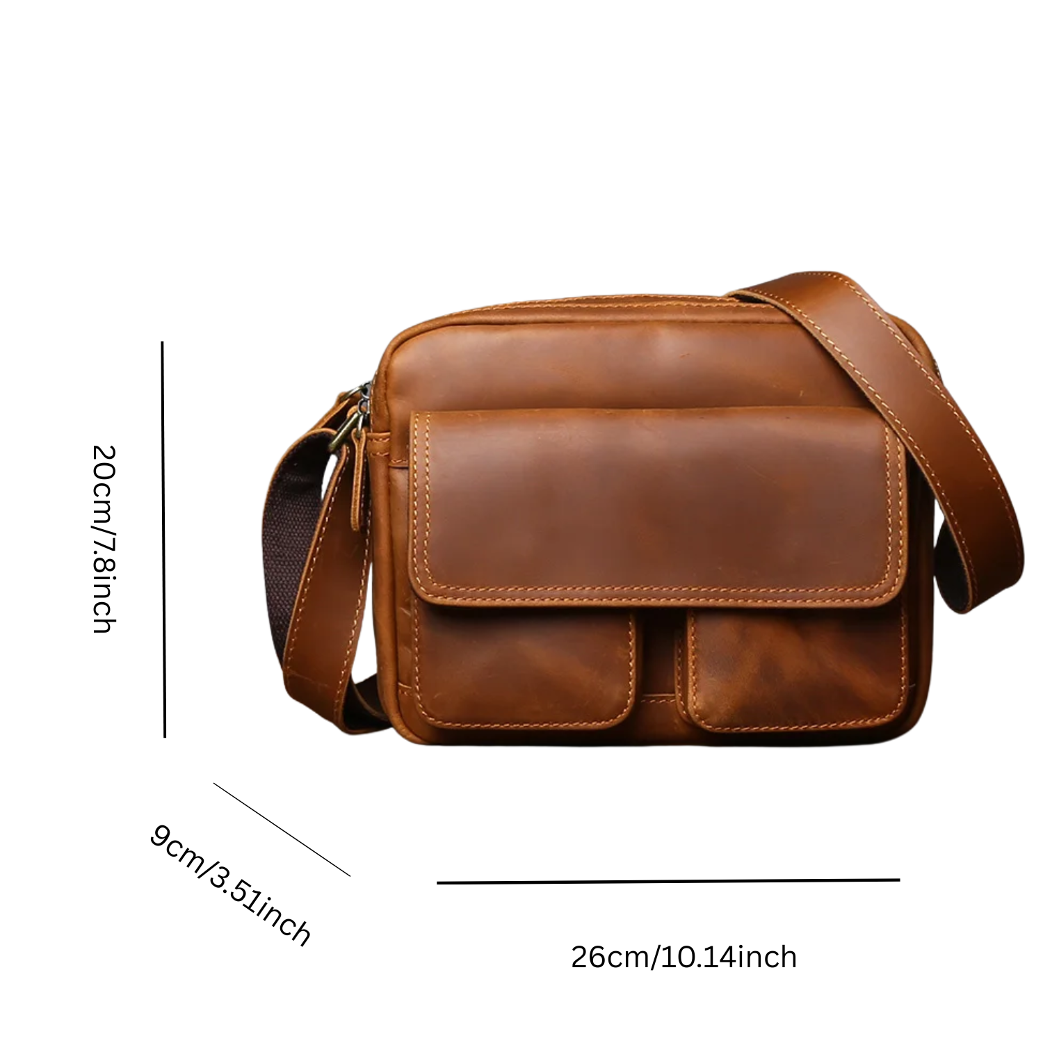 Brown leather crossbody bag with measurements on a white background
