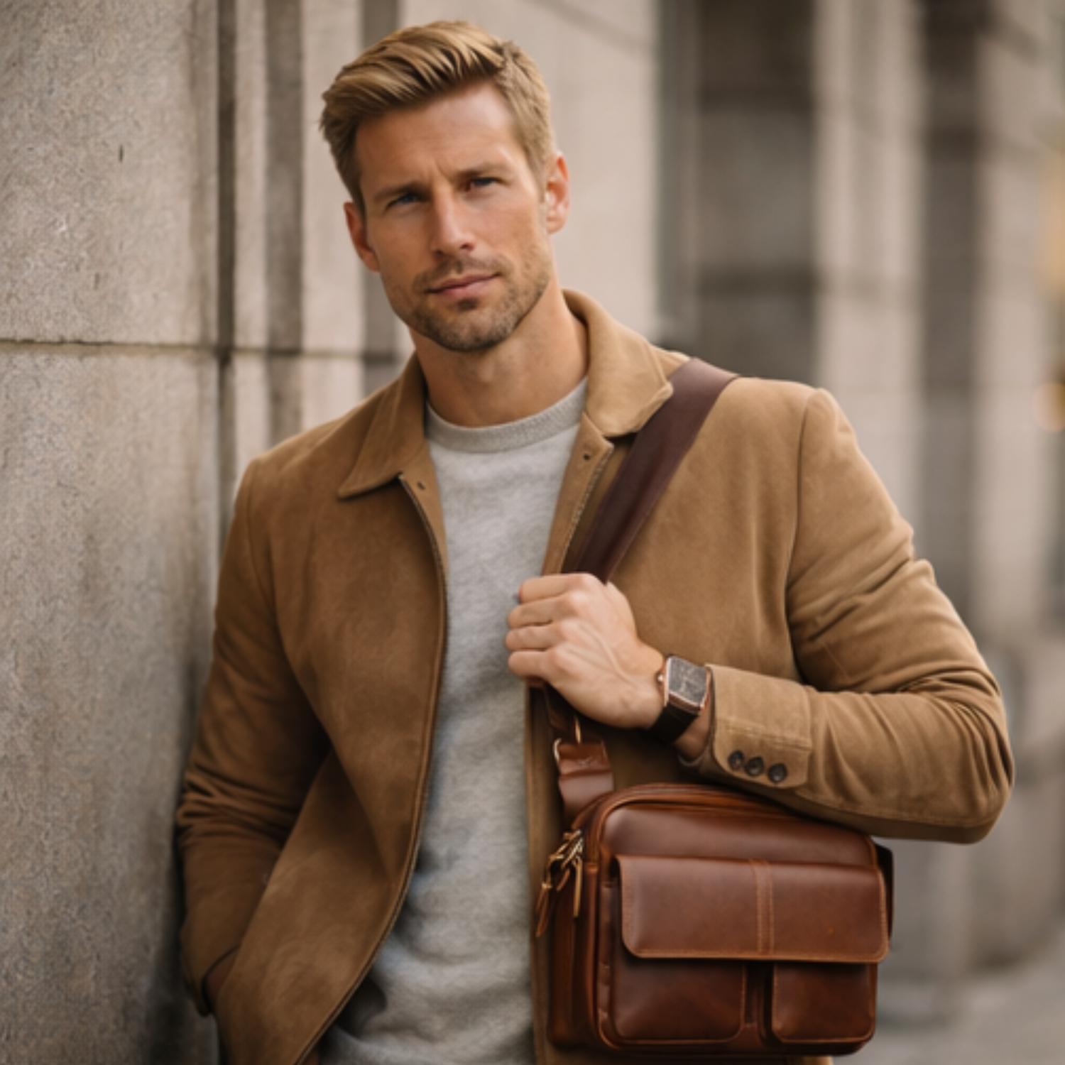 Man wearing a brown leather jacket and carrying a matching bag against an urban background