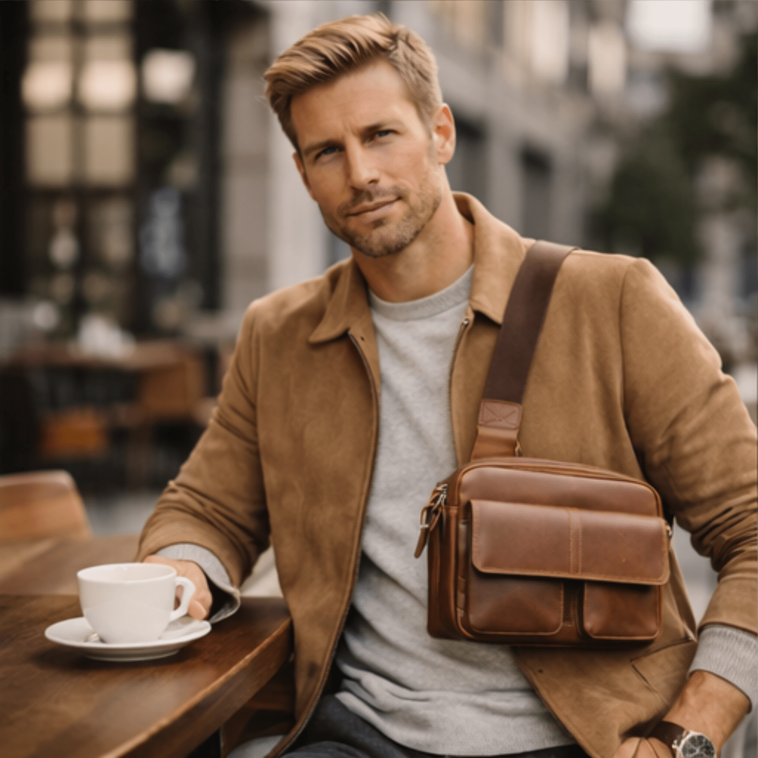 Man in a brown coat with a leather bag sitting at a table with a cup of coffee.