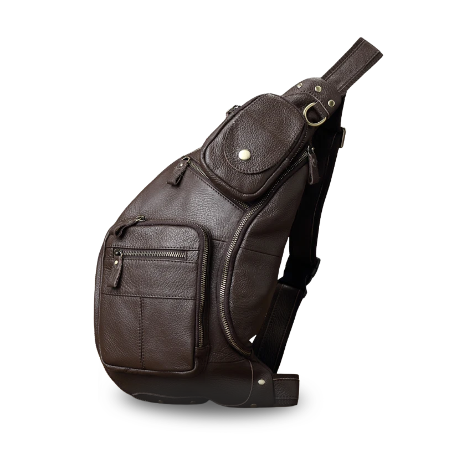 Brown leather sling bag on a white background