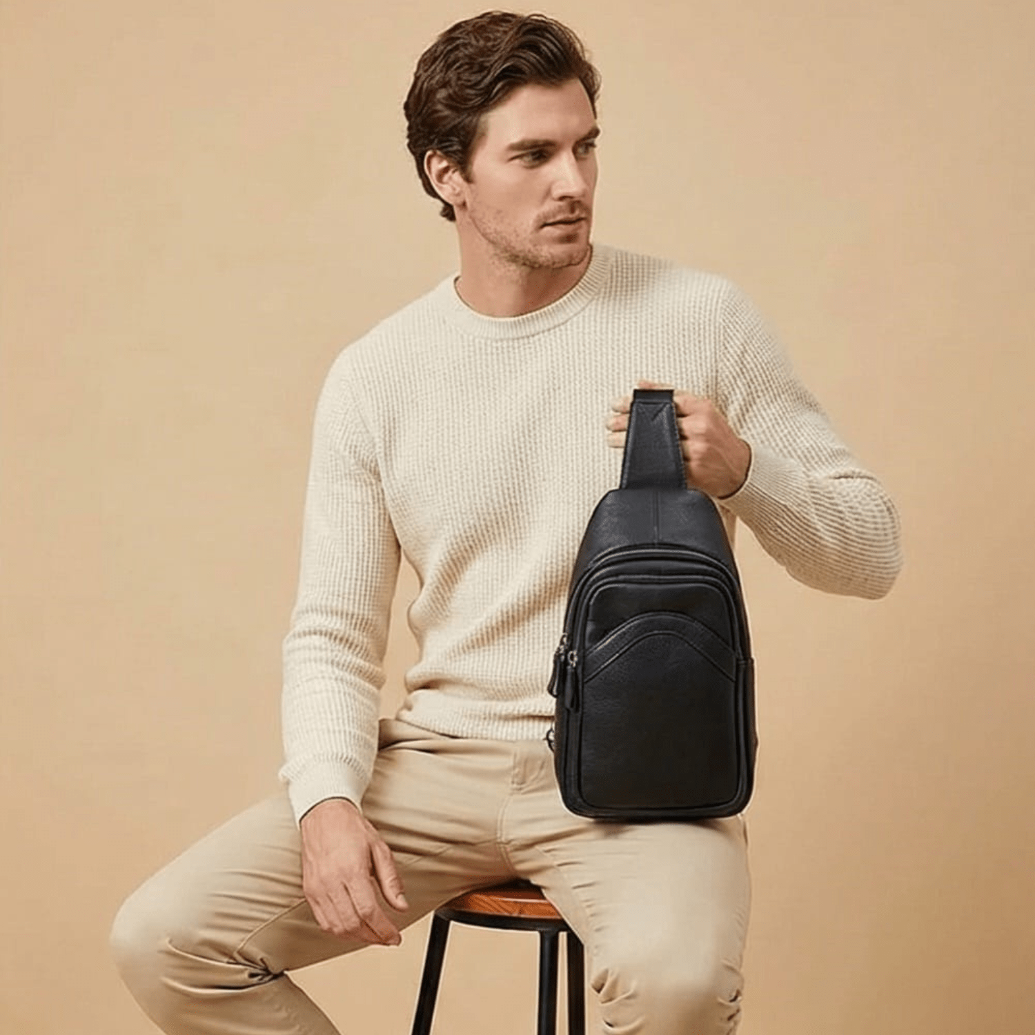 Man holding a black leather sling bag against a beige background
