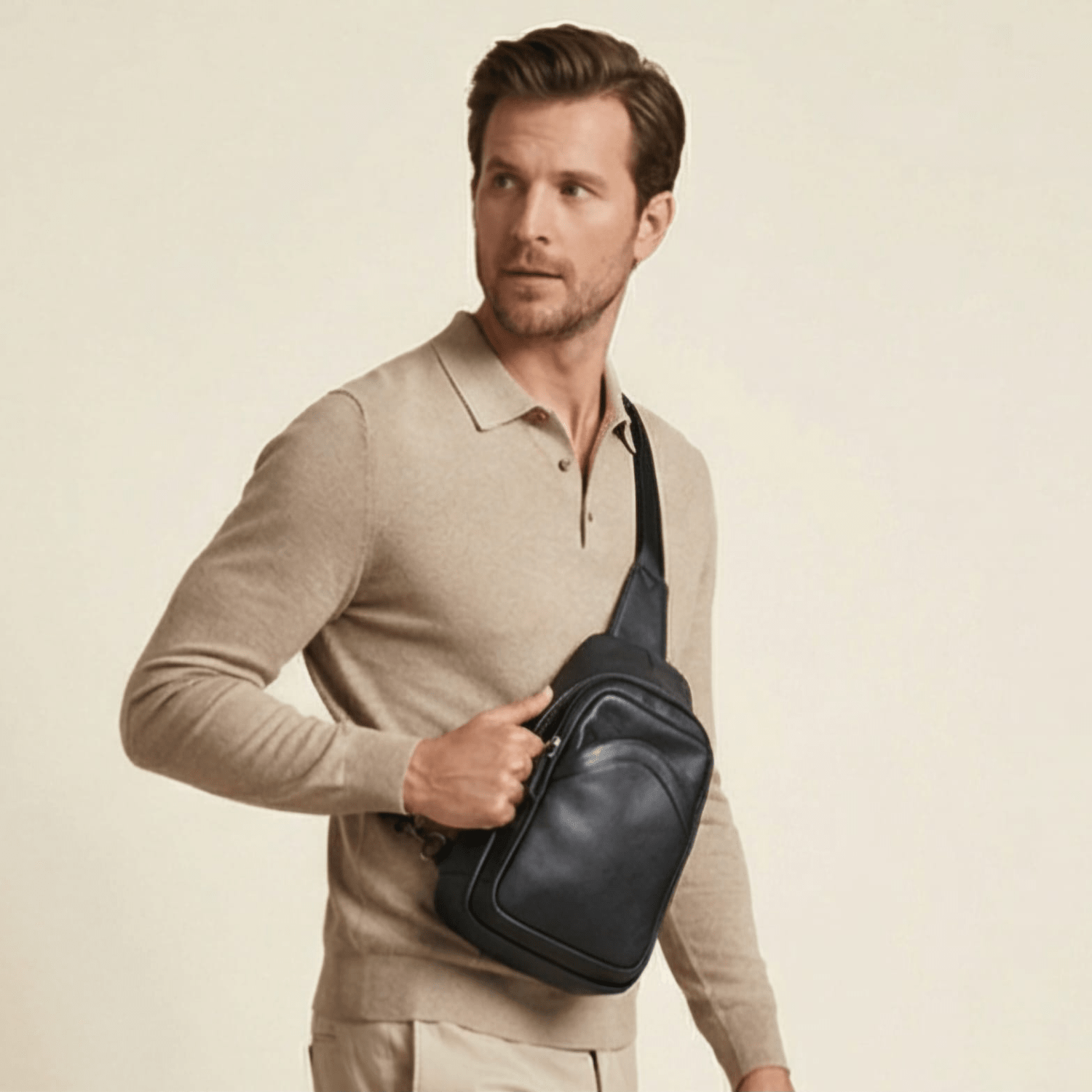 Man holding a black leather bag against a beige background