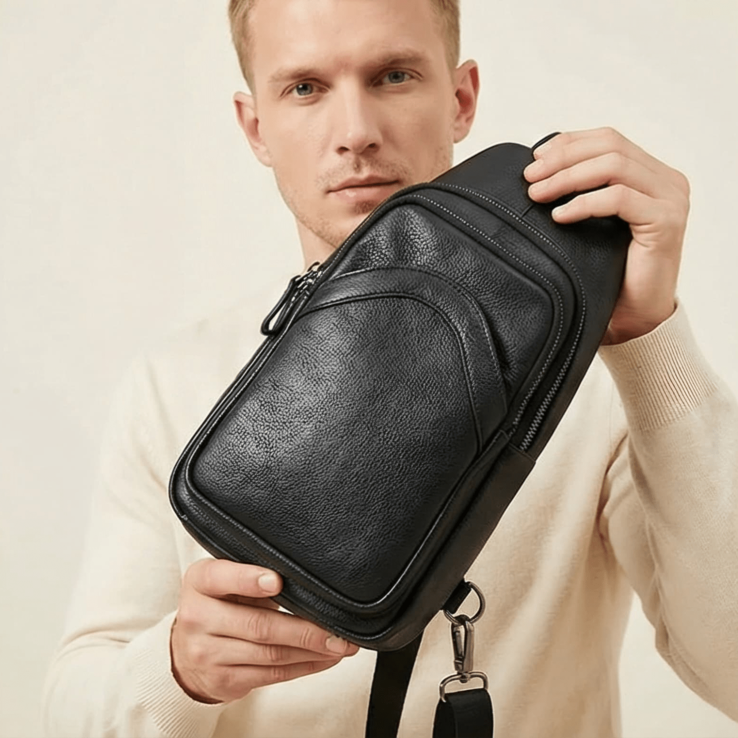 Man holding a black leather crossbody bag against a plain background