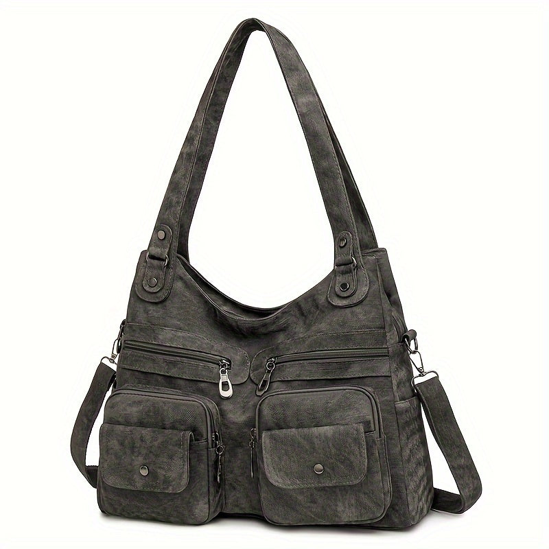 1pc Vintage Style Women's Shoulder Bag with Dual Main Compartments, Faux Leather, Removable Strap, Zip Closure, Polyester Lining, Solid Pattern, for Various Occasions - Available in Black, Beige, Khaki, Grey, Blue