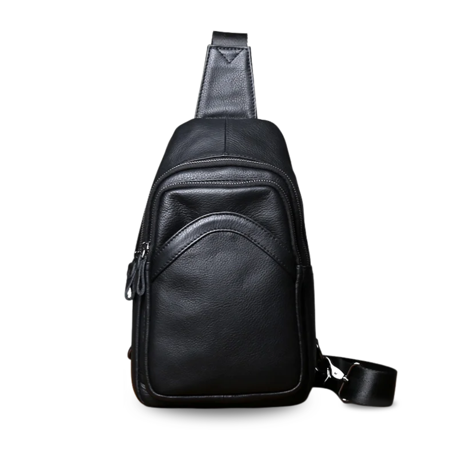 Black leather crossbody bag on a white background