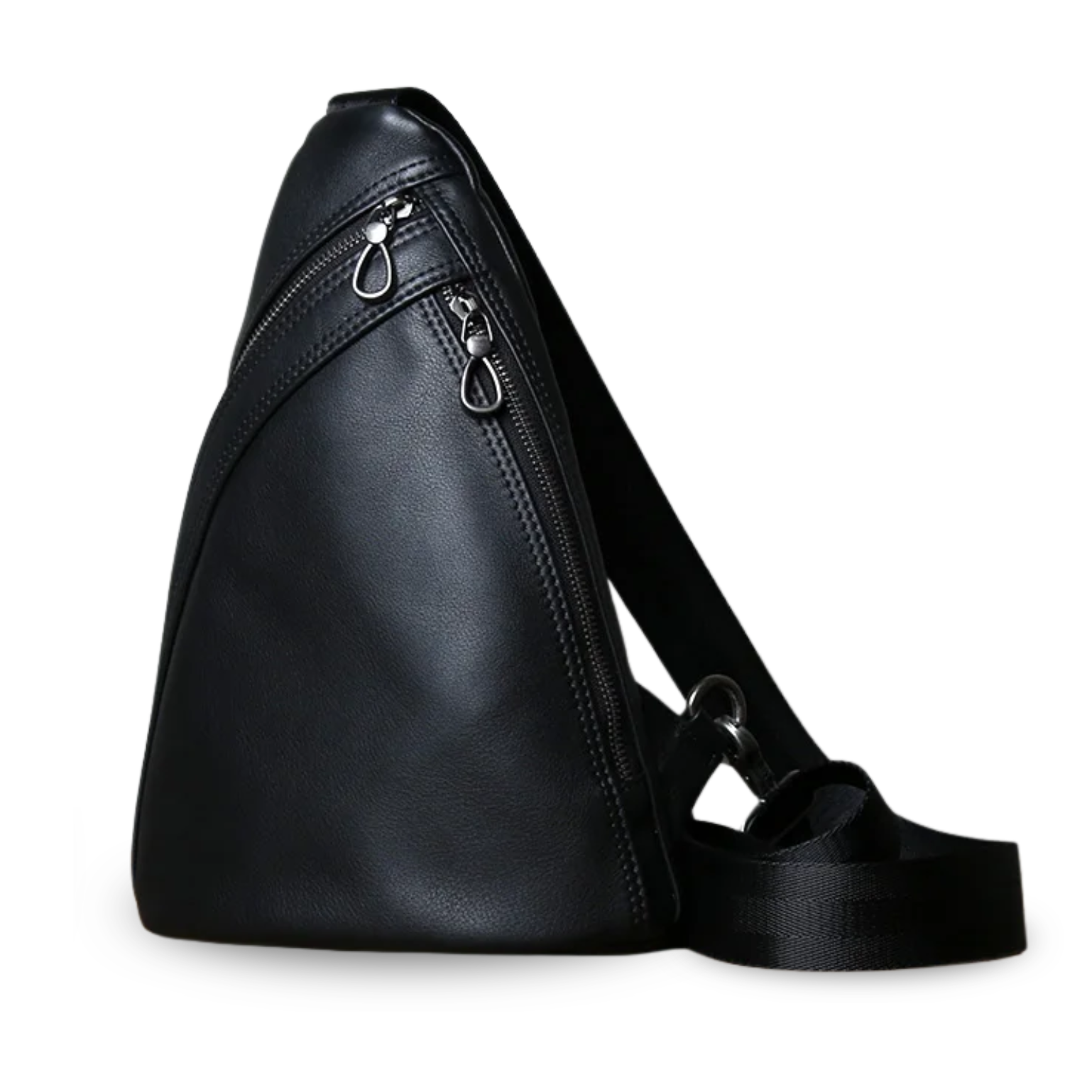 Black leather sling bag on a white background