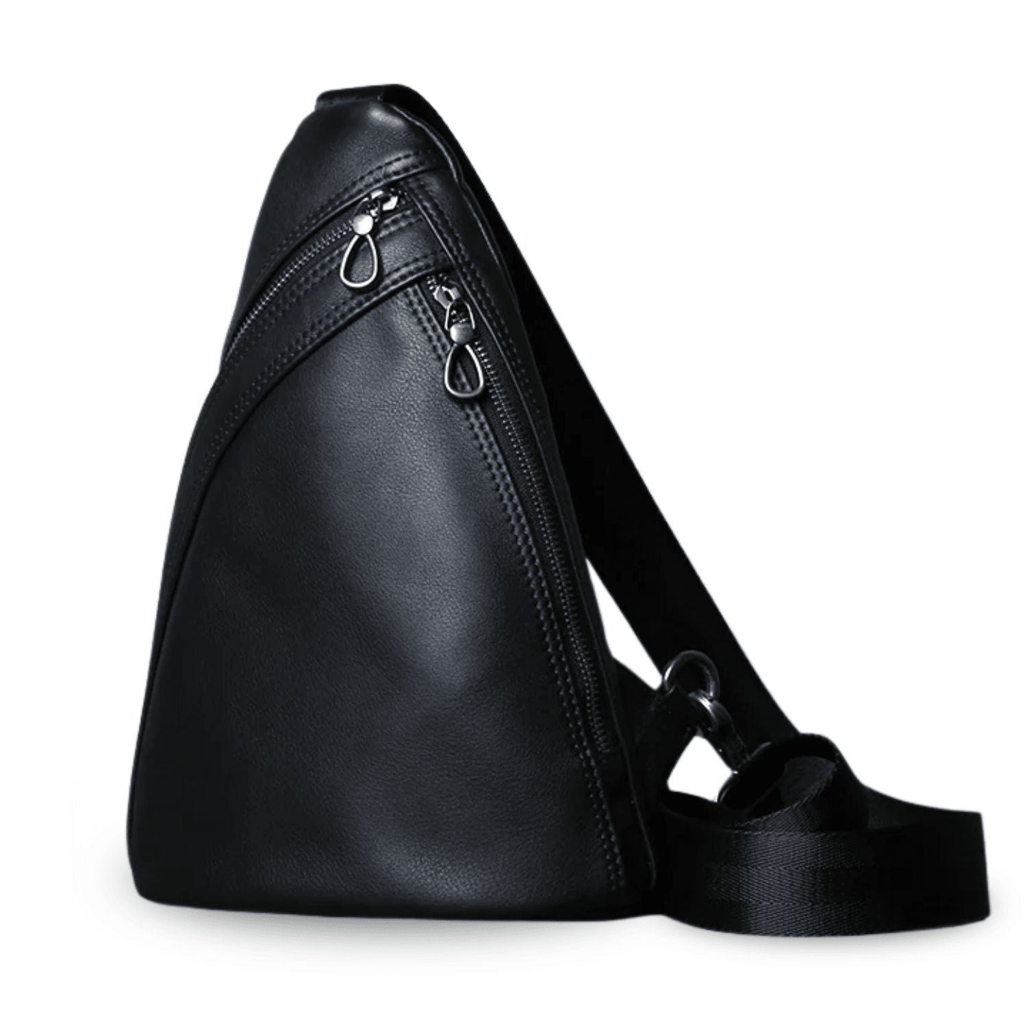 Black leather sling bag on a white background