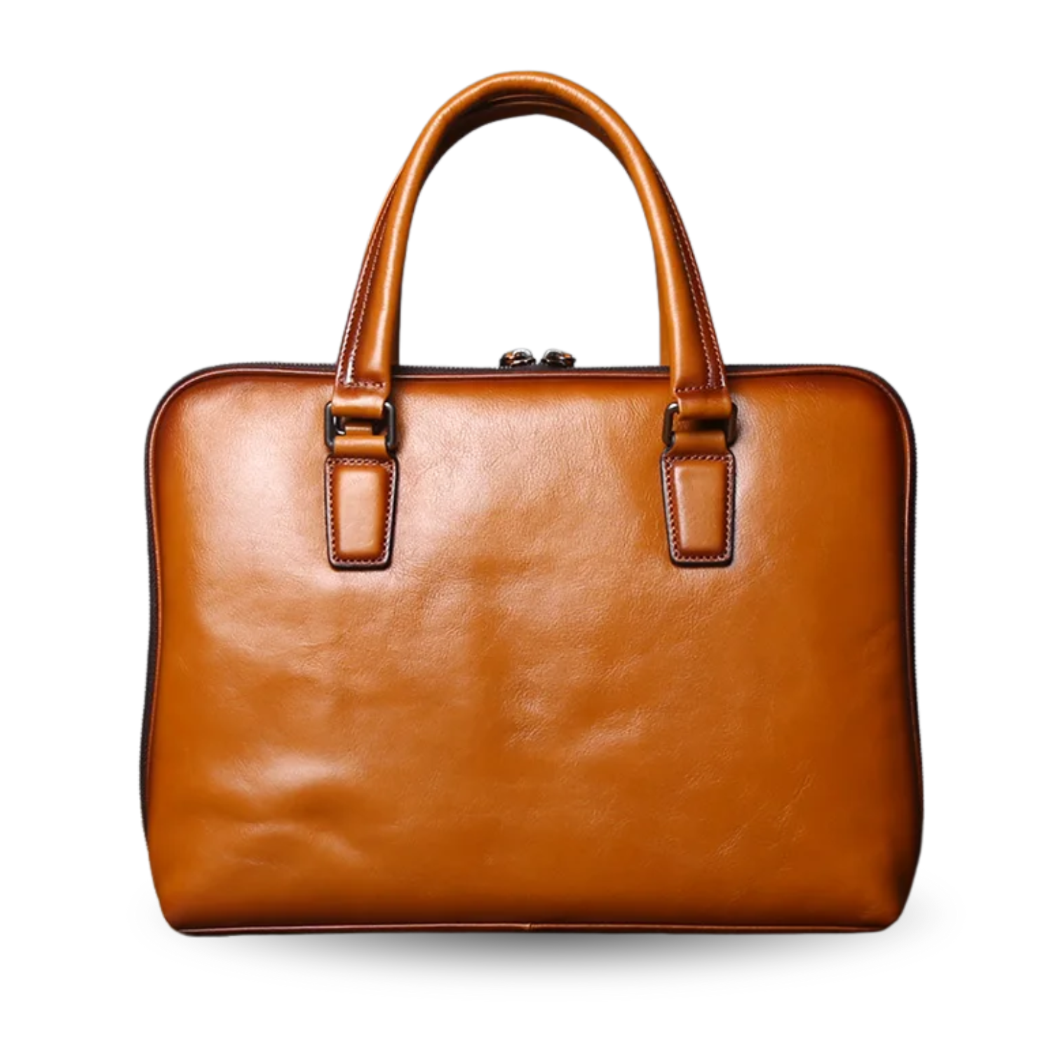 Brown leather handbag on a white background