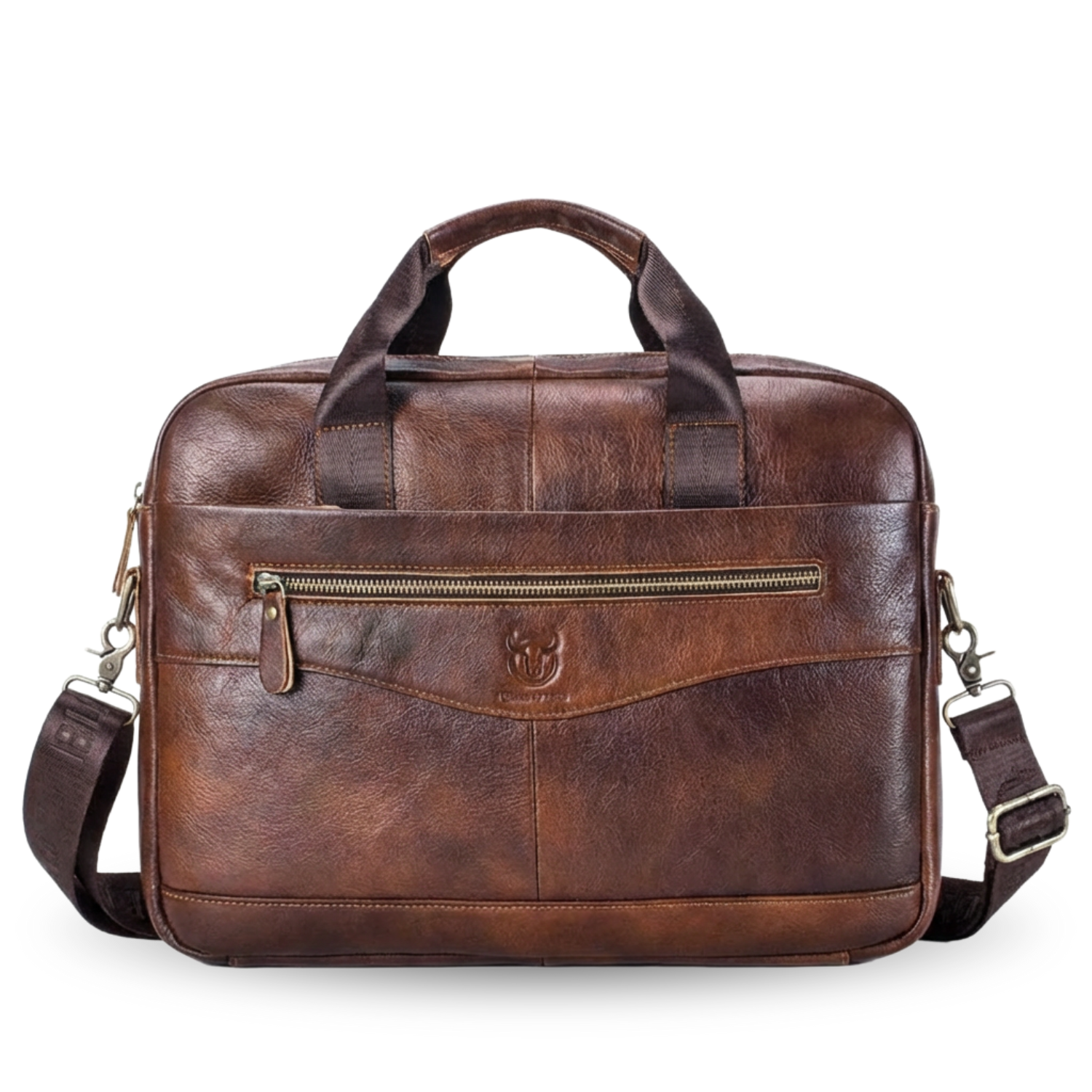 Brown leather briefcase with shoulder strap on a white background