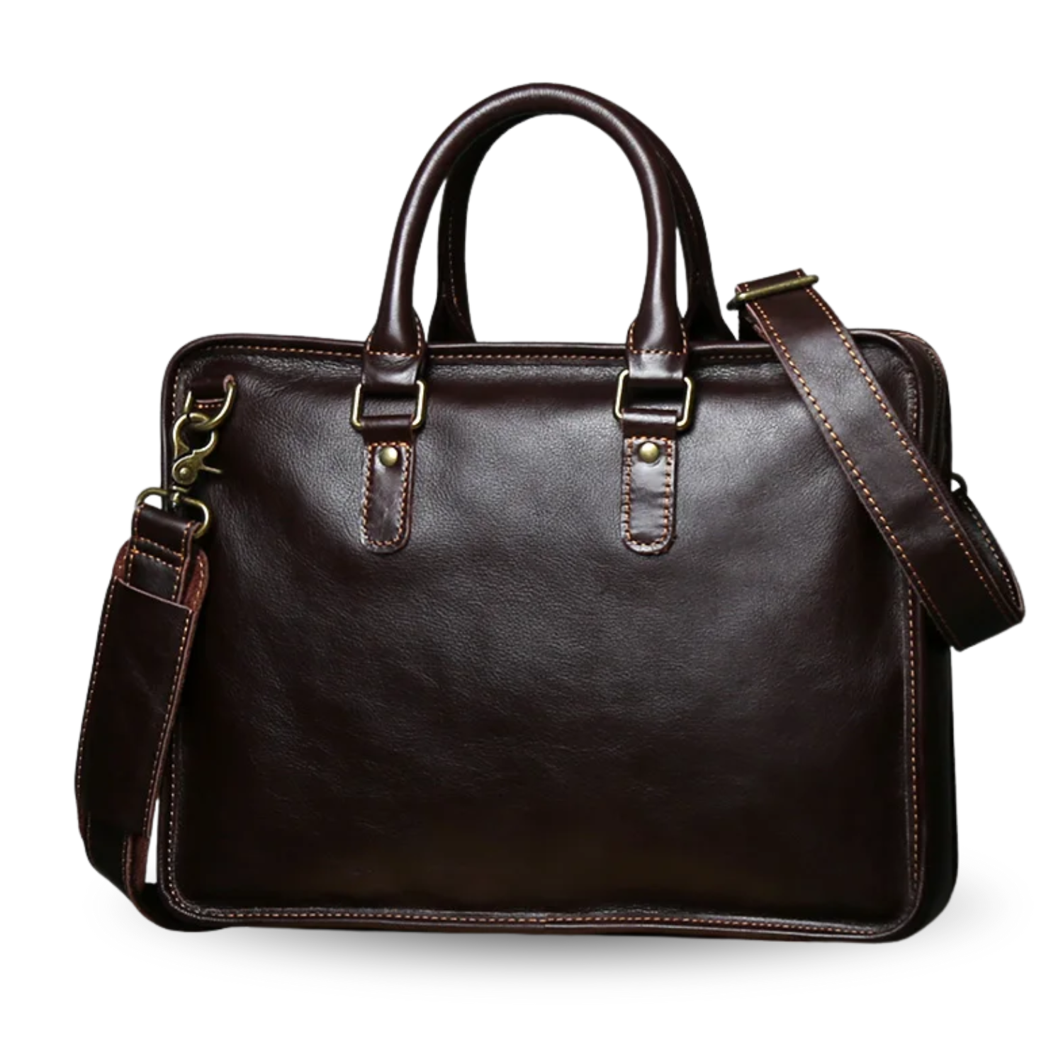 Brown leather handbag with a shoulder strap on a white background