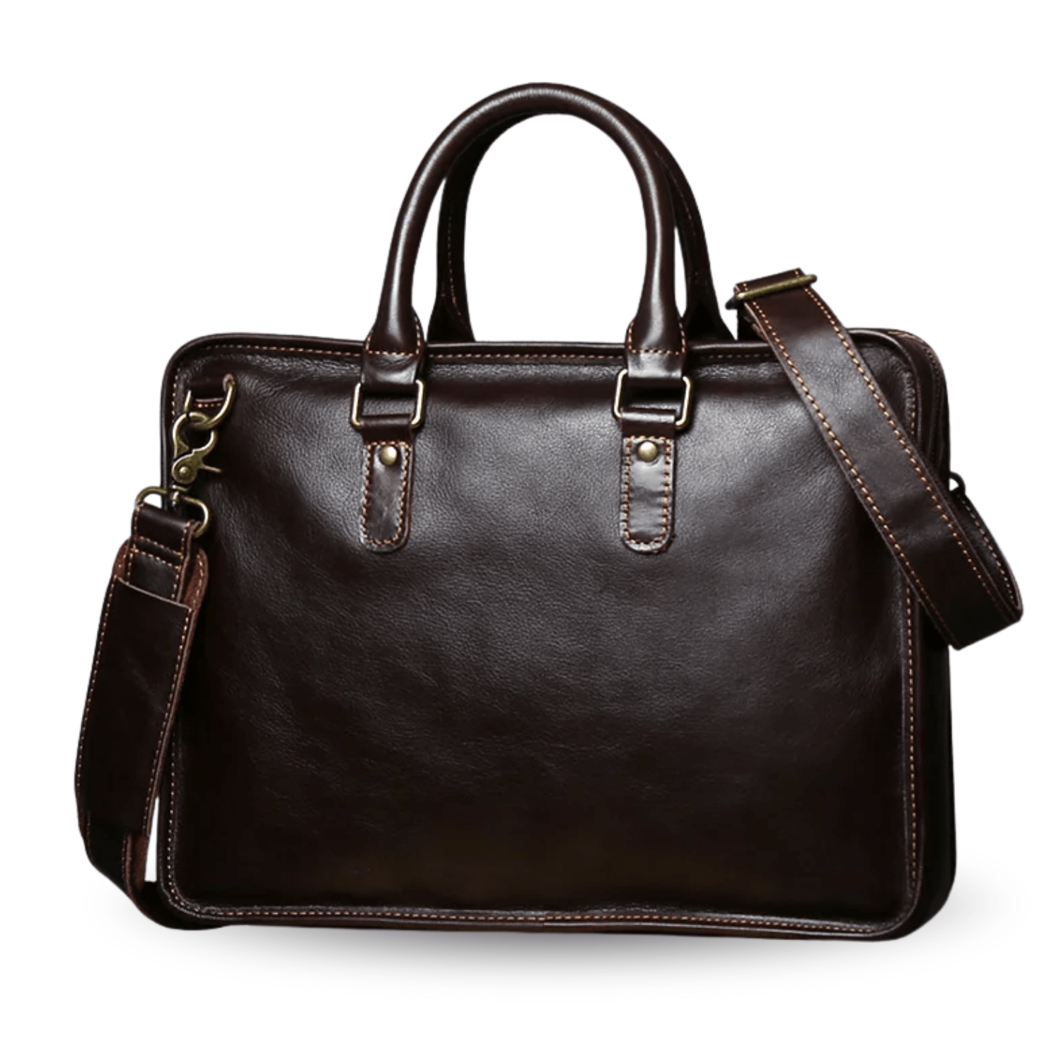 Brown leather handbag with a shoulder strap on a white background