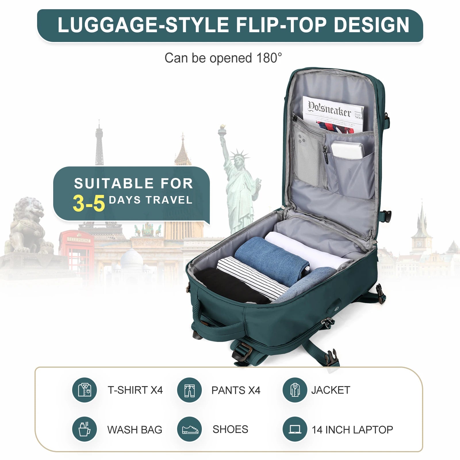 Flugtauglicher Reiserucksack – 35 l Handgepäck-Wochenendrucksack, wasserdicht