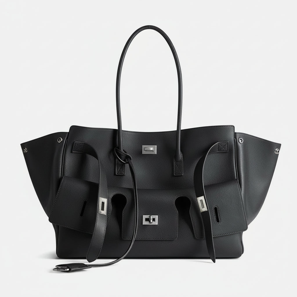 A black luxury genuine leather tote bag with a spacious design, featuring dual handles and a secure lock closure.