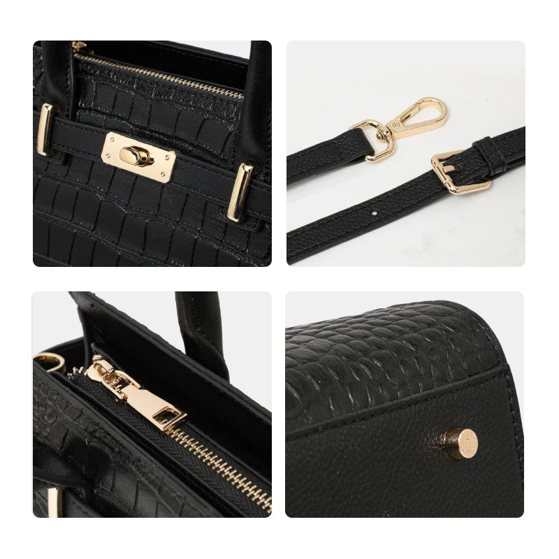 Black handbag with gold accents in various views