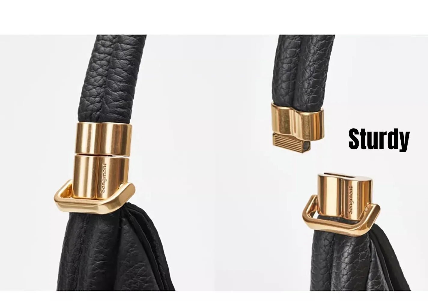Black leather strap with gold metal clasps on a white background