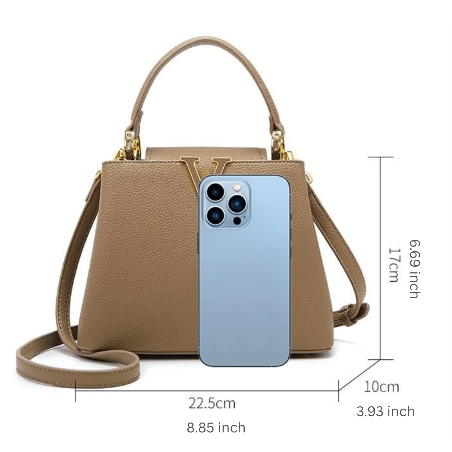 Brown handbag with a phone case and dimensions on a white background