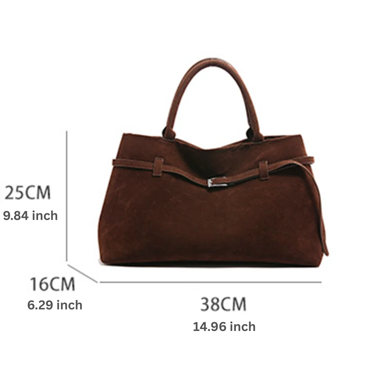 Brown handbag with dimensions labeled on a white background