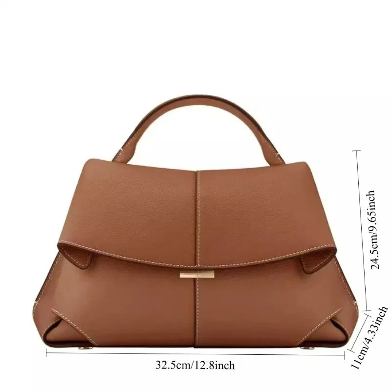 Brown handbag with dimensions on a white background